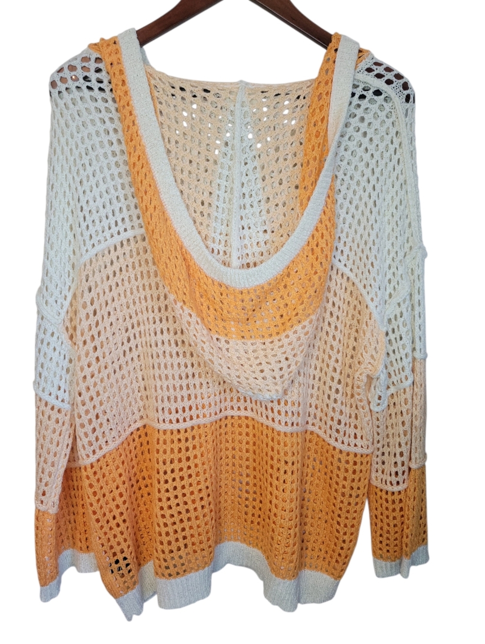 POL Oversized Open Knit Hooded Sweater Small Colorblock Boho Beach Cover Up Top - Picture 8 of 10